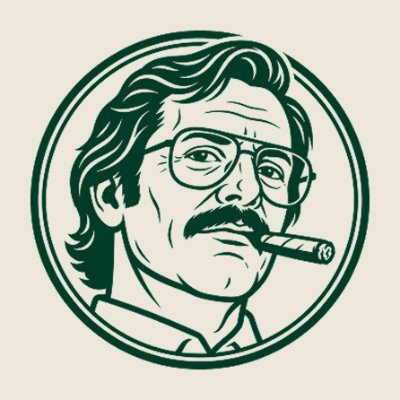 The Chairman: engraved portrait of a 1970s trader with swept hair, aviator glasses, mustache and cigar